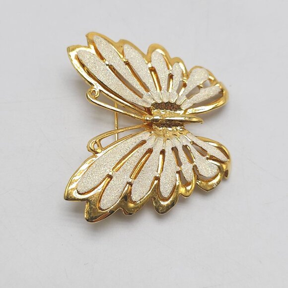 AAI White Sparkle Enamel Butterfly Brooch Pin Gold Tone Iridescent Vintage - Picture 2 of 5
